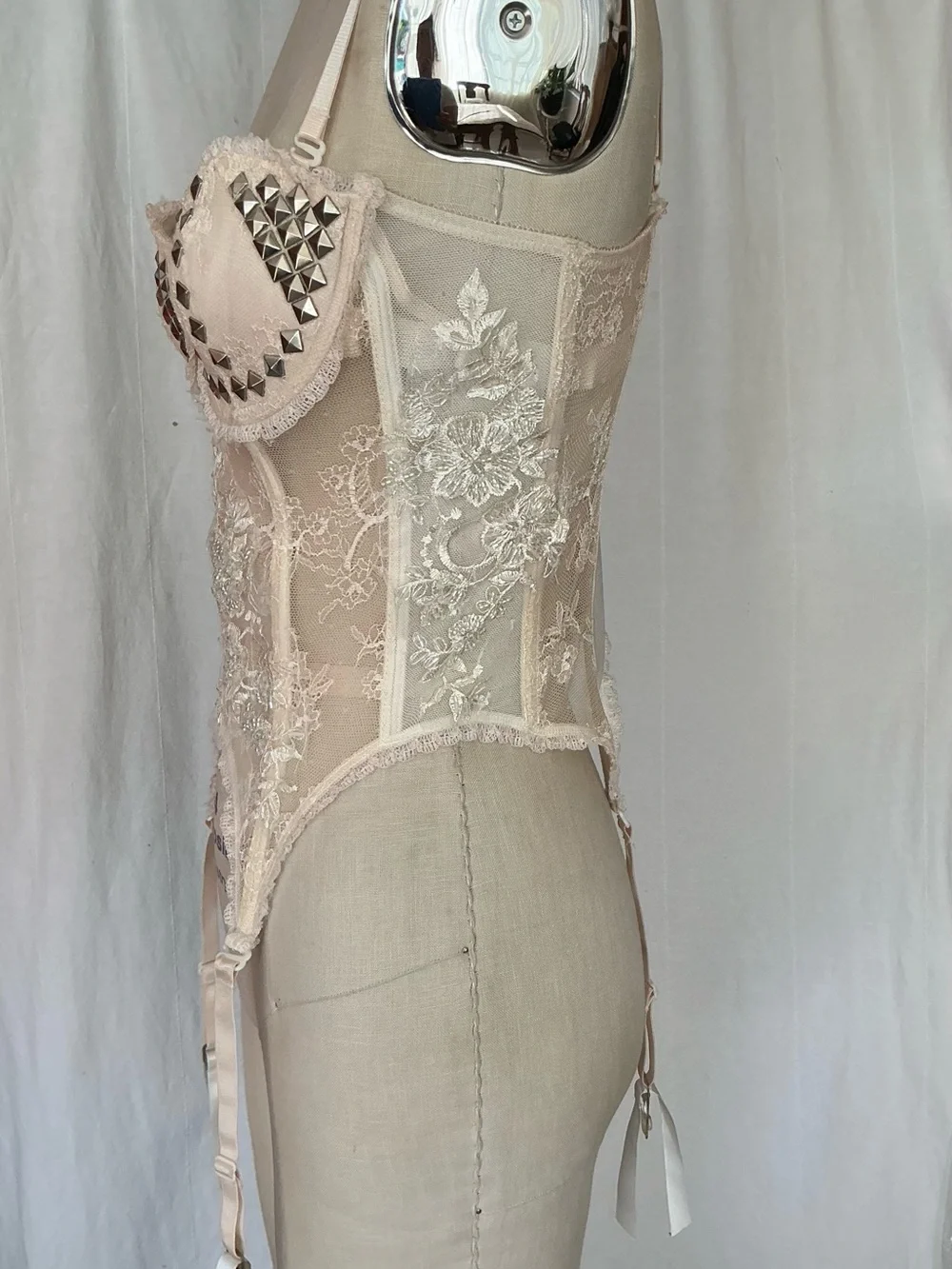 Customized Vintage Studded Lace Bustier Corset in Cream Color